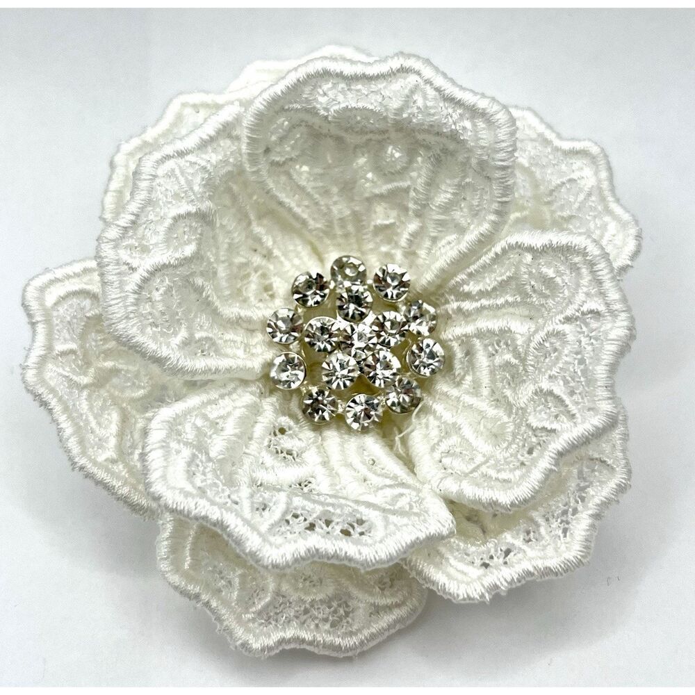 Lace Embroidered Flower Pin Brooch Bridal Wedding Crystals